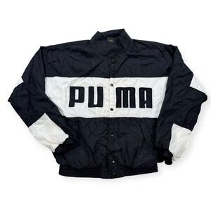 Puma Track Jacket Men's Medium Black White Mesh Lined Spellout Windbreaker Y2K